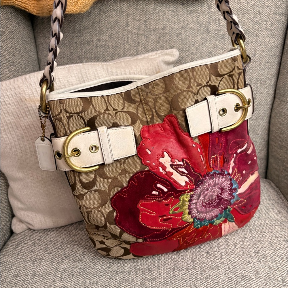 Coach Tan and Red Floral Shoulder Bag - Picture 3 of 8